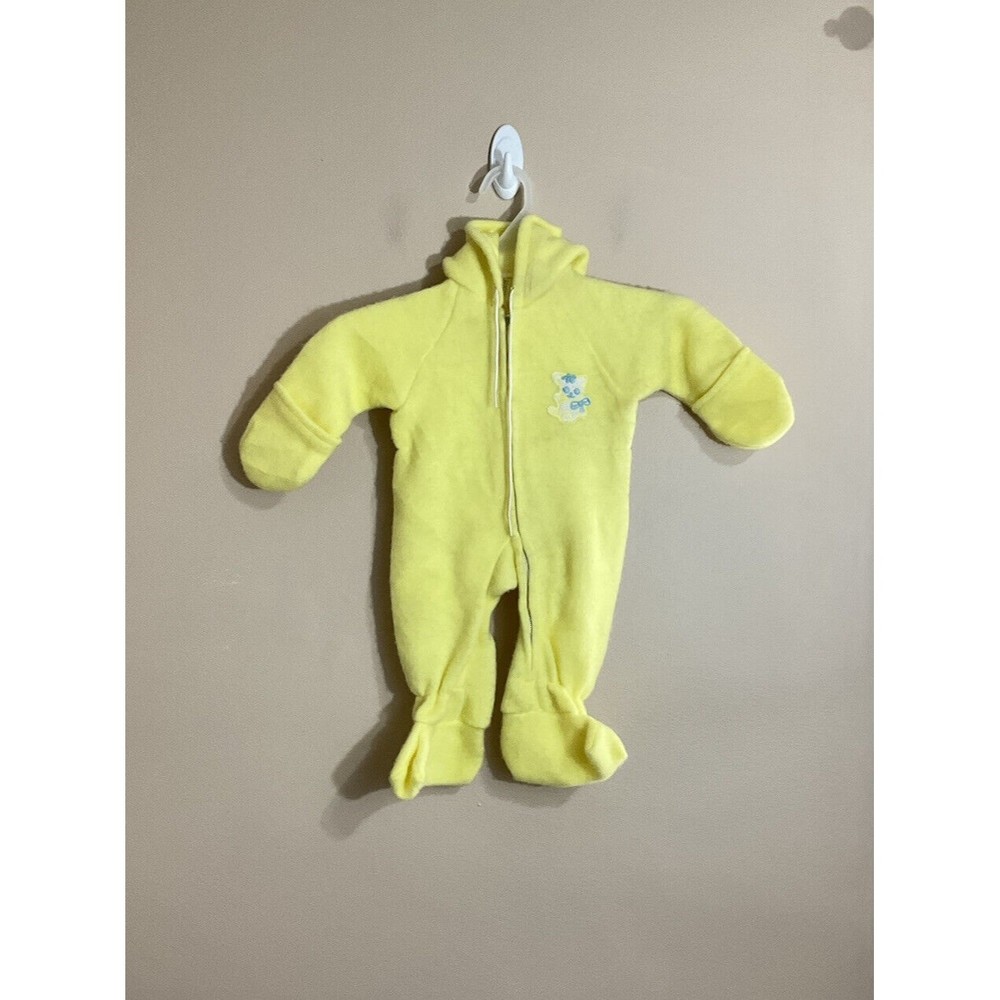 VTG Kids Fleece Sleeper Bodysuit Size 0-9 Months Yellow Bear Hooded Retro